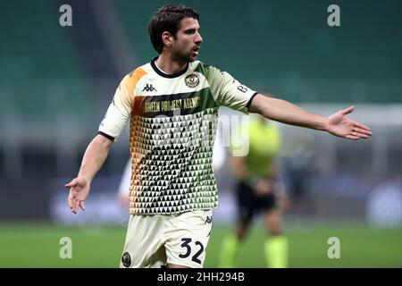 Pietro Ceccaroni of Venezia Fc  gestures during the Serie A match between Fc Internazionale and Venezia Fc at Stadio Giuseppe Meazza on January 22, 2022 in Milan, Italy. Stock Photo