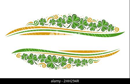 Vector Border for St Patrick's Day with copyspace for text, horizontal template with illustration of shamrock leaves and decorative flourishes, floral Stock Vector