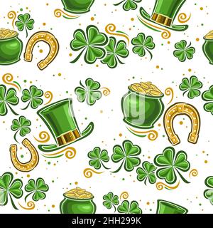 Vector Patrick's Day Seamless Pattern, square repeating background with illustrations of decorative shamrock leaves and cartoon saint patricks symbols Stock Vector