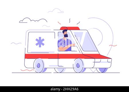Vector outline illustration depicting paramedic driving an ambulance vehicle. Editable stroke Stock Vector