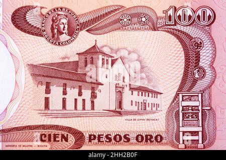 Villa de Leyva from old Colombian money - Pesos Stock Photo