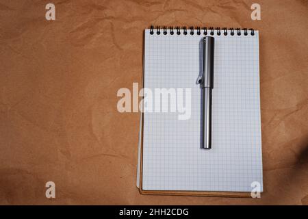 White Spiral notebook and Lamy fountain pen with copy space Stock Photo