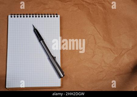 White Spiral notebook and Lamy fountain pen with copy space Stock Photo