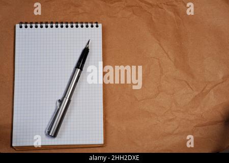 White Spiral notebook and Lamy fountain pen with copy space Stock Photo
