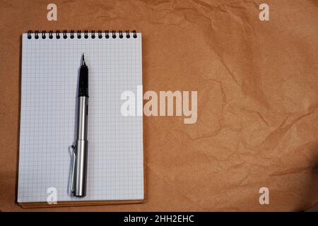White Spiral notebook and Lamy fountain pen with copy space Stock Photo