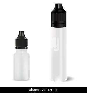 Liquid e juice bottle mockup. Electronic cigarette liquid dropper flask, vector mock up. Vaporizer dripper flacon template set, vapour flavor jar temp Stock Vector