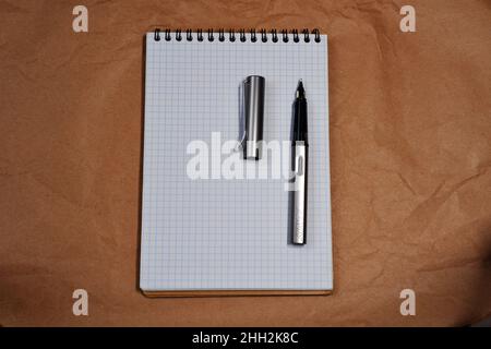 White Spiral notebook and Lamy fountain pen with copy space Stock Photo