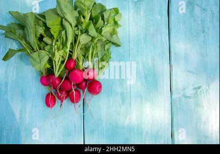radishes on wooden surface Stock Photo