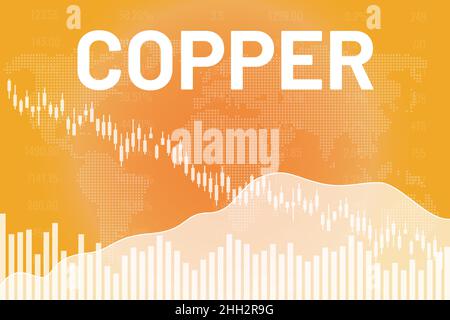 Words Copper on yellow finance background from columns, line, candlestick, world map. Futures market concept Stock Vector