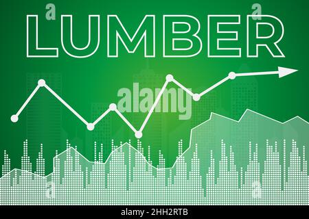 Words Lumber on green finance background from columns, line, arrow, city shape. Futures market concept Stock Vector