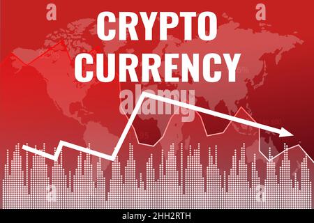 The falling price on cryptocurrency in the financial market. Text Сryptocurrency on red finance background. Crisis concept Stock Vector