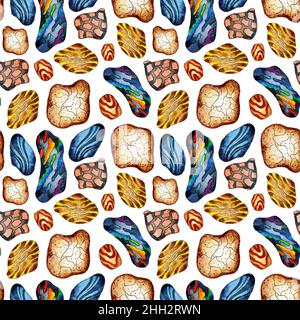 Watercolor pattern of sea colorful stones. Seamless repeating print of pebbles for an aquarium. Abstract illustration of rock formations. SPA concept. Stock Photo