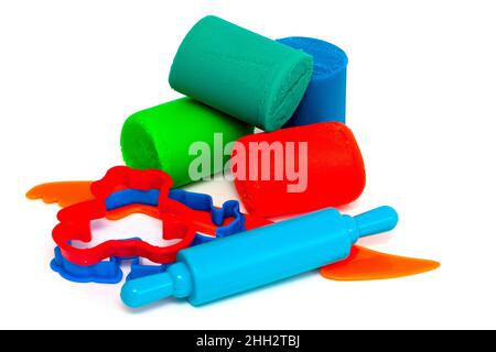 colorful molding dough and cutters for children isolated on white background Stock Photo