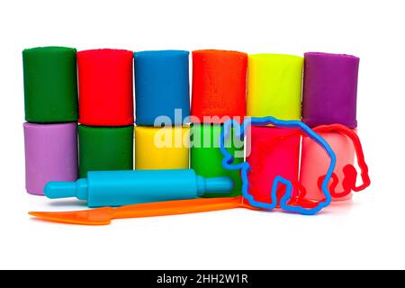 colorful molding dough and cutters for children isolated on white background Stock Photo