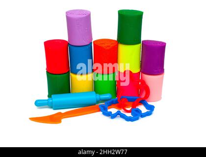 colorful molding dough and cutters for children isolated on white background Stock Photo