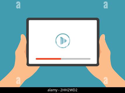 Flat design illustration of male hands holding digital tablet with touch screen and play button. Watching video or movie on white display - vector Stock Vector