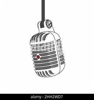 Vintage retro michrophone simple. Old school hanging mic vector illustration. Classic style microphone. Voice recorder. Sound technology on white Stock Vector
