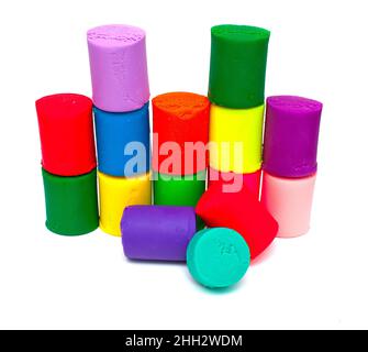 colorful molding dough and cutters for children isolated on white background Stock Photo