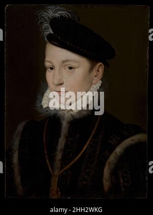 Charles IX (1550–1574), King of France Style of François Clouet French Showing Charles IX around age eleven, wearing the Ordre de Saint-Michel, this portrait is derived from a drawing of the king by François Clouet in the Bibliothèque Nationale de France, Paris.. Charles IX (1550–1574), King of France. Style of François Clouet (French, painted shortly after 1561). Oil on wood. Paintings Stock Photo