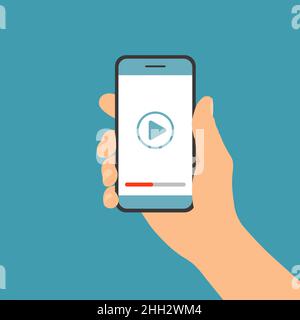 Flat design illustration of male hand holding touch screen mobile phone. Video or media playback on display - vector Stock Vector