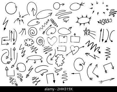 set of arrows of different shapes and styles in the technique of doodles drawn. Vector collection of arrow pointers: bubble, heart, dotted, striped Stock Vector