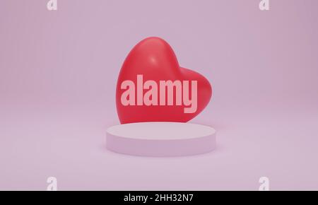 3d rendering. Red heart on pink podium on pastel background. Abstract minimal geometric shapes backdrop for valentine day design composition. Product Stock Photo