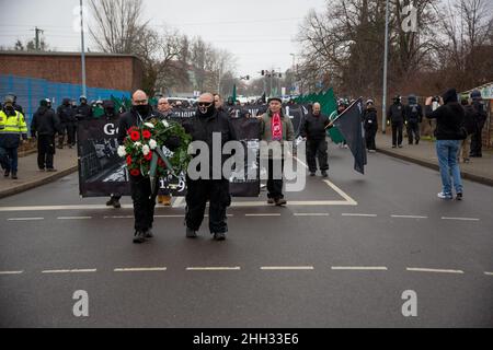 Berlin, Germany. 22nd Jan, 2022. For the anniversary of the air raid on Magdeburg, which took place on January 16, 1945, several right-wing extremism groups held rallies in the city of Magdeburg on January 22, 2022. Especially Members of the National Democratic Party of Germany, the far-right political party The Right and The III. Path, which former NPD officials founded, marched in the streets. There were also several counter-demonstrations. (Photo by Silvia Glodde/PRESSCOV/Sipa USA) Credit: Sipa USA/Alamy Live News Stock Photo