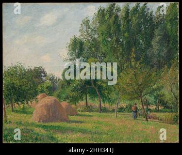 Haystacks, Morning, Éragny 1899 Camille Pissarro French Made the same year as Pissarro’s bird’s-eye views of the Jardin des Tuileries in Paris, this idyllic scene of a meadow near the artist’s home in rural Éragny is a counterpoint to his paintings of modern urban life. Pissarro depicted the same trio of haystacks, seen from a slightly different vantage point, and under afternoon rather than morning light (private collection), a practice recalling Monet’s Haystacks series of the early 1890s.. Haystacks, Morning, Éragny. Camille Pissarro (French, Charlotte Amalie, Saint Thomas 1830–1903 Paris). Stock Photo