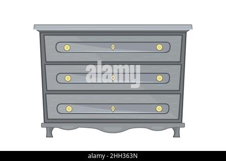 Chest of drawers. Gray wooden commode on legs.Piece of bedroom furniture and home interior.Dresser or bedside table for bedroom and living room.Vector Stock Vector