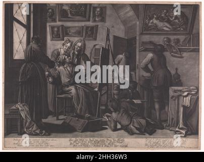 The Painter ca. 1730 After Jan Josef Horemans the Elder This wonderful mezzotint after a painting by Horemans shows an artist at his easel within his busy studio. On the right apprentices grind pigments and sharpen tools while another boy sits and draws. Near the painter, an elegantly dressed couple, presumably his clients, chat while a maid fills the painter’s glass of wine. Paintings hang on the walls and a violin, a recorder, and music sheet lie on a table on the right, indicating the painter’s other artistic talents. The composition is typical of the work of the Flemish painter Jan Josef H Stock Photo