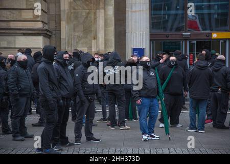 Berlin, Germany. 22nd Jan, 2022. For the anniversary of the air raid on Magdeburg, which took place on January 16, 1945, several right-wing extremism groups held rallies in the city of Magdeburg on January 22, 2022. Especially Members of the National Democratic Party of Germany, the far-right political party The Right and The III. Path, which former NPD officials founded, marched in the streets. There were also several counter-demonstrations. (Credit Image: © Silvia Glodde/PRESSCOV via ZUMA Press Wire) Stock Photo