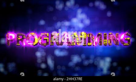 Programming glowing purple - yellow neon text in cyberpunk style - industrial 3D illustration Stock Photo