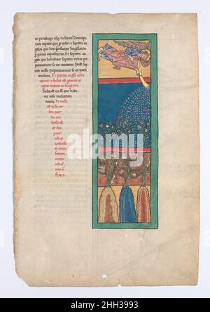 Leaf from a Beatus Manuscript: the First Angel Sounds the Trumpet; Fire, Hail-stones, and Blood are Cast Upon the Earth ca. 1180 Spanish Illustrated Beatus manuscripts bring to life an extraordinary vision of the end of the world, as recorded by Saint John in the Apocalypse (Book of Revelation) and filtered through the lens of Beatus of Liébana, an eighth-century Asturian monk. These manuscripts are unique to medieval Spain and a testament to the pervasive artistry and intellectual milieu of monastic culture there. The leaf shown here comes from a manuscript disassembled in the 1870s.In this i Stock Photo