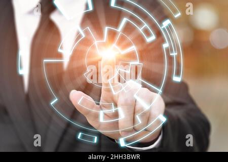 Creating innovative technologies. Business hand touching on data network connection. Science and artificial intelligence technology. Concept Stock Photo