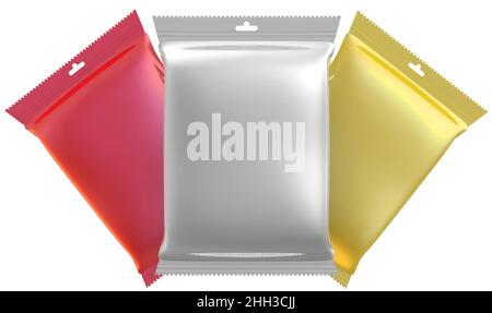 Flexible consumer packaging. Three sealed packages from a polymeric film. Model of consumer packaging. Isolated. 3D Illustration Stock Photo