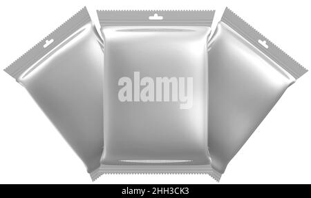Flexible consumer packaging. Three sealed packages from a polymeric film. Model of consumer packaging. Isolated. 3D Illustration Stock Photo