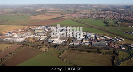 aerial view of Pocklington Industrial Estate with Pocklington Airfield behind and to the right, East Yorkshire Stock Photo