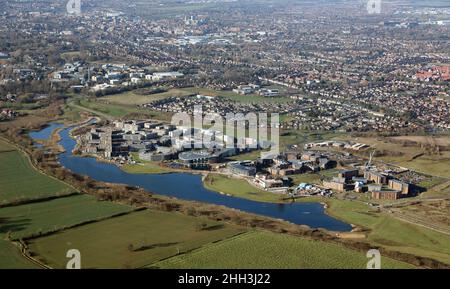 aerial view of University of York, Campus East with the main Campus at Heslington in the background to the left and York city centre beyond Stock Photo