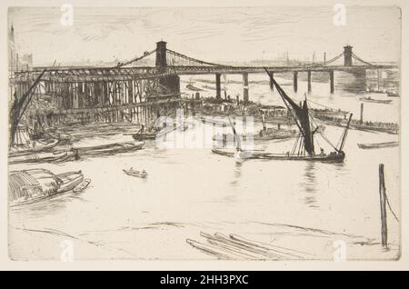 Old Hungerford Bridge 1861 James McNeill Whistler American. Old Hungerford Bridge. Thames Set ('A Series of Sixteen Etchings of Scenes on the Thames and Other Subjects' 1871). James McNeill Whistler (American, Lowell, Massachusetts 1834–1903 London). 1861. Etching and drypoint, printed in black ink on medium weight cream laid paper; third state of four (Glasgow). Prints Stock Photo