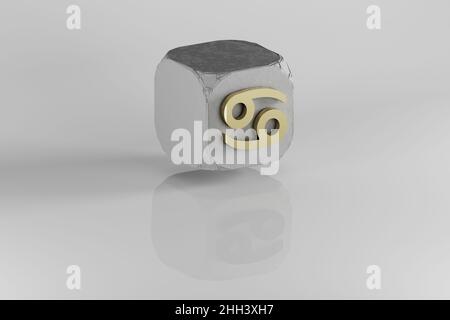 Golden zodiac sign Cancer on a cube background. 3d rendering illustration. Abstract contemporary colors pattern for design. Stock Photo