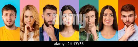 Pensive multiethnic men and women posing on colorful backgrounds Stock Photo