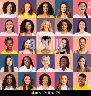 Collage of young multiethnic ladies portraits over various bright studio backgrounds, square pic Stock Photo
