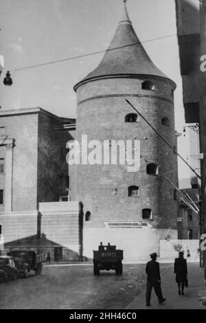 Latvia - CIRCA 1930 -1940s: Vintage archive photo of Old Riga city. Medieval Powder Tower (Latvian: Pulvertornis) at the end of the Valnu street Stock Photo