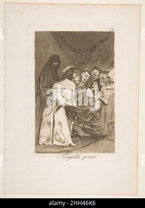 Plate 58 from 'Los Caprichos': Swallow it, dog (Tragala perro.) 1799 Goya (Francisco de Goya y Lucientes) Spanish. Plate 58 from 'Los Caprichos': Swallow it, dog (Tragala perro.)  380705 Artist: Goya (Francisco de Goya y Lucientes), Spanish, Fuendetodos 1746?1828 Bordeaux, Plate 58 from 'Los Caprichos': Swallow it, dog (Tragala perro.), 1799, Etching, burnished aquatint and drypoint  , Plate: 8 7/16 ? 5 15/16 in. (21.5 ? 15.1 cm) Sheet: 11 5/8 x 8 1/4 in. (29.5 x 20.9 cm). The Metropolitan Museum of Art, New York. Gift of M. Knoedler & Co., 1918 (18.64(58)) Stock Photo