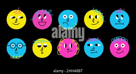 Cute set of simple colorful faces of vibrant colors. Vector trendy comic characters isolated on white background. Stock Vector