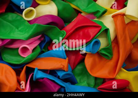 Colorful balloons and confetti .Festive or party background. Flat lay style. Copy space for text. Birthday greeting card.Selective focus.Summer holida Stock Photo