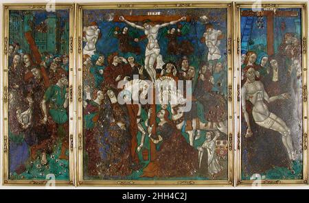 Triptych with The Way to Calvary, Crucifixion, and Descent from the Cross 16th century Atelier of Jean Pénicaud I French. Triptych with The Way to Calvary, Crucifixion, and Descent from the Cross  468317 Stock Photo