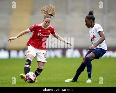 Manchester United's Ona Batlle (left) and Tottenham Hotspur's Jessica Naz battle for the ball during the Barclays FA Women's Super League match at Leigh Sports Village, Greater Manchester. Picture date: Sunday January 23, 2022. Stock Photo