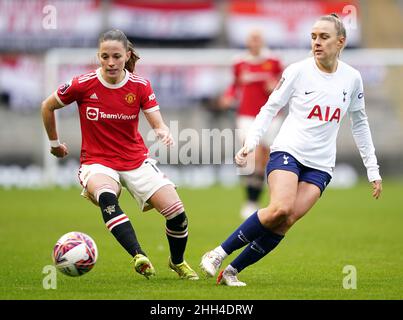 Manchester United's Ona Batlle (left) and Tottenham Hotspur's Josie Green battle for the ball during the Barclays FA Women's Super League match at Leigh Sports Village, Greater Manchester. Picture date: Sunday January 23, 2022. Stock Photo