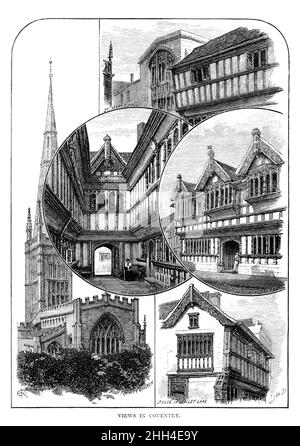 Black and White Illustration; Views in Coventry; circa 1880; Ford's Hospital, House in Bailey Lane, Holy Trinity Church & St Mary's Hall Stock Photo